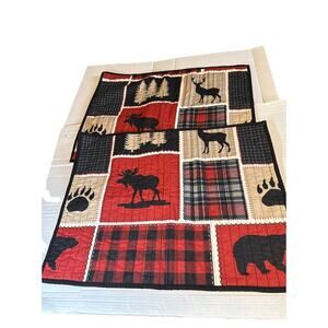 Set of 2 White River Pillow Sham Red Black Plaid Bear Moose 20x27